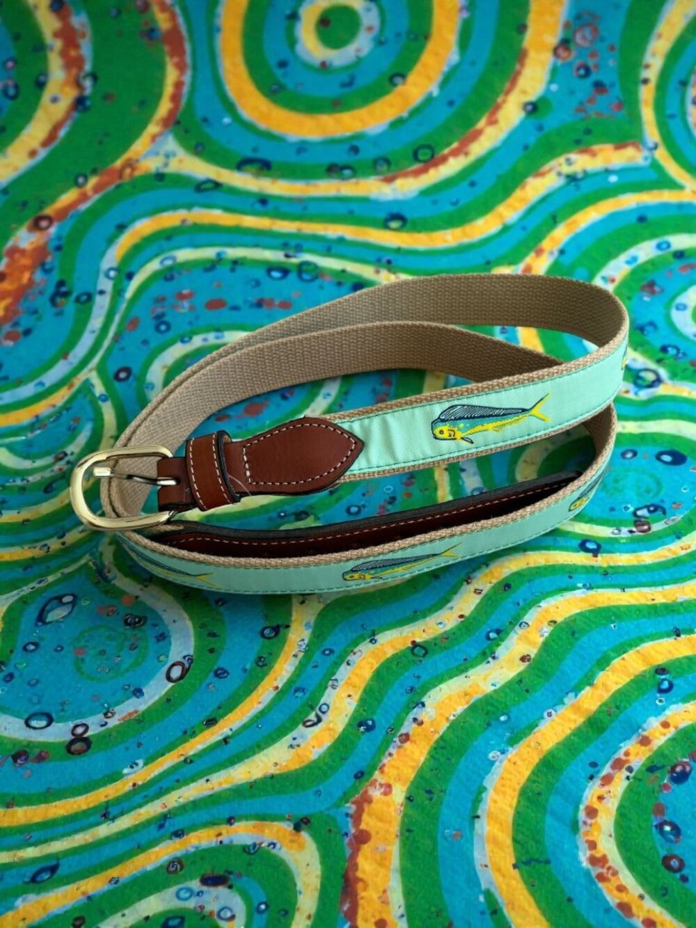 VINTAGE Men's Green Fishing Fish Print Belt Size 50